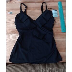 Pour Moi BLACK Space Ruffle Underwire Tankini Swim Top, US 32E